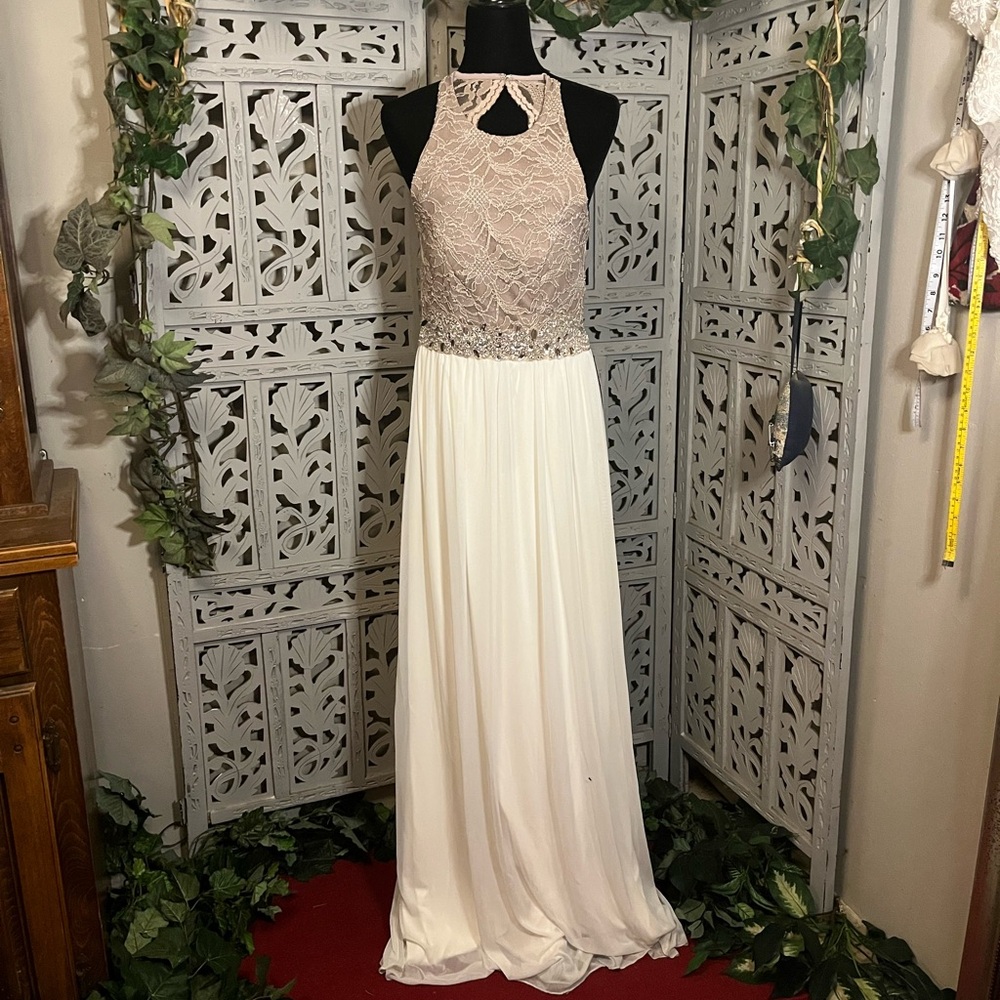 JODI KRISTOPHER ELEGANT CHAMPAGNE LACE GOLD TOP & CREAM SKIRT FORMAL MAXI DRESS
